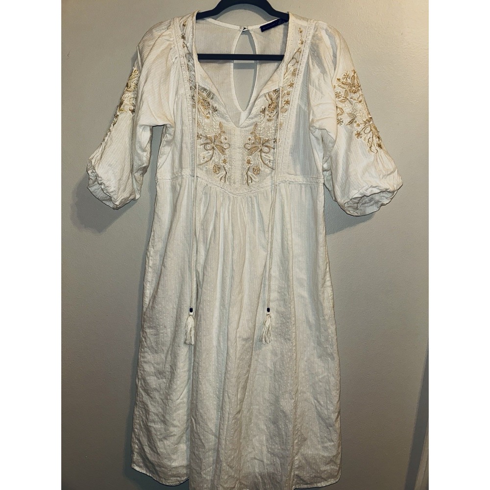 Black Tape White Boho Dress with Gold Embroidery